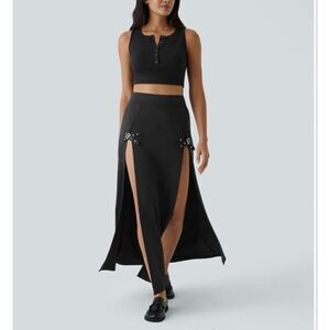 Halara Women’s L High Waisted Buckle Split 2-in-1 Maxi Skirt Black NWT